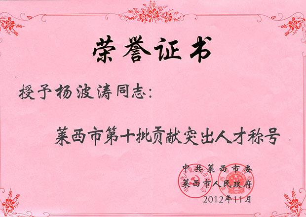 楊波濤總裁獲 “萊西市貢獻(xiàn)突出人才”榮譽(yù)稱號